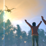 3D render of two figures in a forest setting waving to a UAV dro