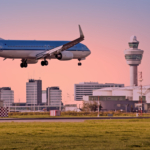 Airplane landing on Schiphol airport in Amsterdam the Netherland