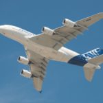 Closeup of an Airbus A380 jet airliner in the skies above Farnborough, UK - July 18, 2014