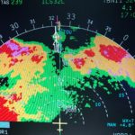 Airliner on board weather radar displaying weather returns landi