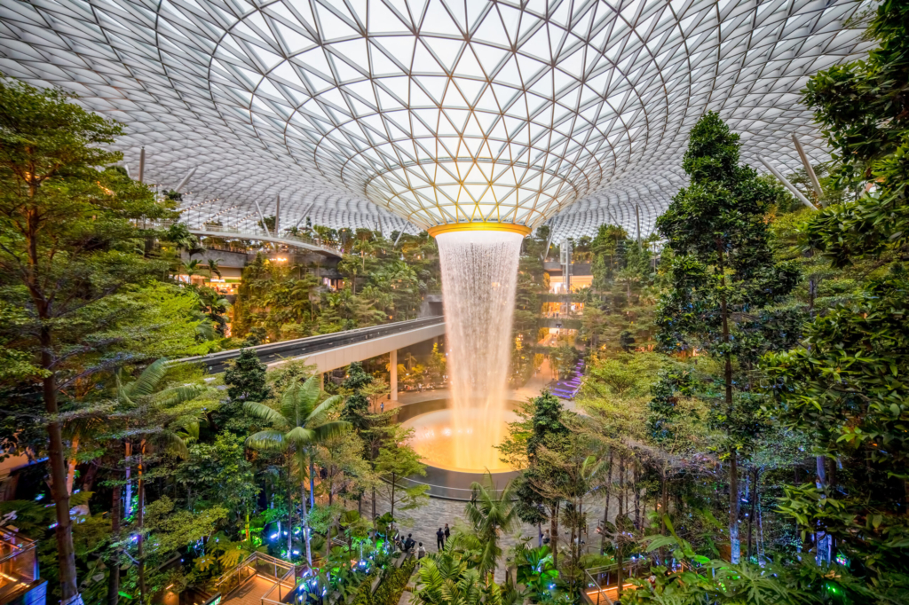 SINGAPORE - MARCH 3, 2020: Waterfall at the shopping center JEWEL CHANGI AIRPORT at terminal 4 of changi airport singapore.