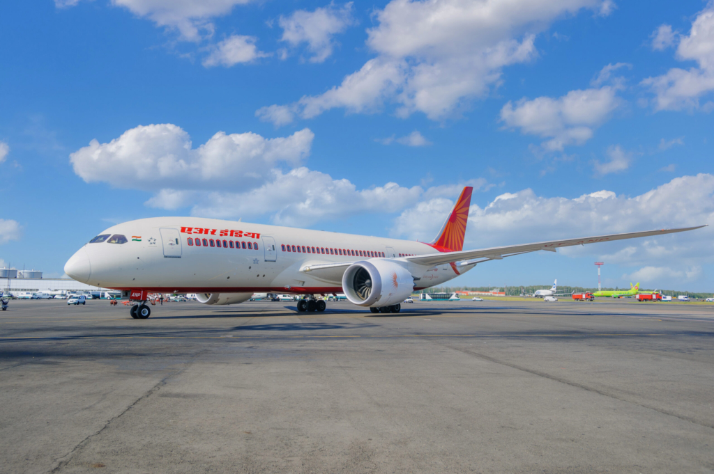 Boeing 787 Dreamliner with tail number VTANP of Air India airline arrives at the apron of Moscow Domodedovo Airport, Russia - July 18, 2014