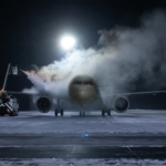 Ground deicing of a passenger aircraft on the night airport apron at winter