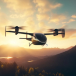 EVTOL Electric Vertical Take Off and Landing Aircraft Flying Through Beautiful Landscape At Dawn