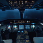 Cockpit aviation control panel digital display instruments of an aircraft in flight at night with a clear view of the stars in the sky, computer Generative AI stock illustration image