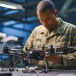 Engineer testing a military grade drone in laboratory. Demonstrating innovation in defense technology and its future with artificial intelligence