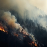 Forest burning on the mountainside, natural disaster, climate change, global warming, arial view