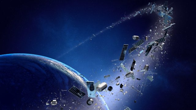Space junk orbiting around earth - Conceptual of pollution around our planet - 3D Artwork