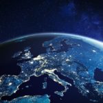 Europe from space at night with city lights showing European cities in Germany, France, Spain, Italy and United Kingdom (UK), global overview, 3d rendering of planet Earth, elements from NASA