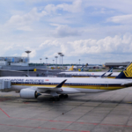 Singapore Jul 02 2020 Singapore Airlines planes parked on tarmac at Changi Airport during Covid-19 coronavirus outbreak. Restrictions on commercial flights will ease as travelling re-opens soon