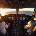 Dual controls inside cockpit of airplane on ground at airport, g