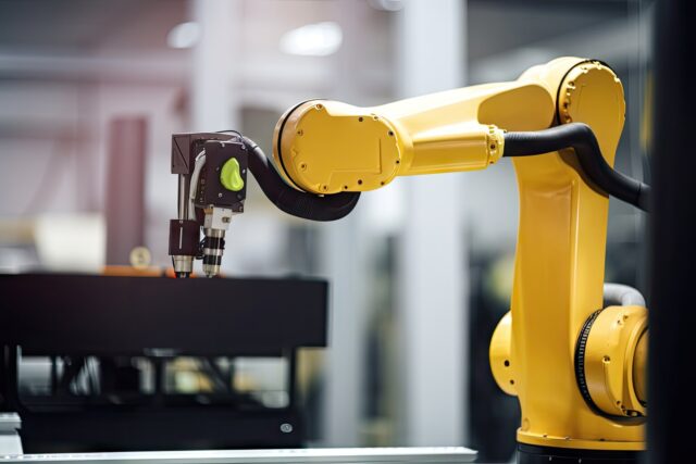 close-up of collaborative robot arm, with view of factory floor visible in the background, created with generative ai