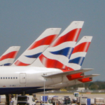 London, England, UK - 14 June 2023: Tail fins of British Airways jet at Heathrow Airport.