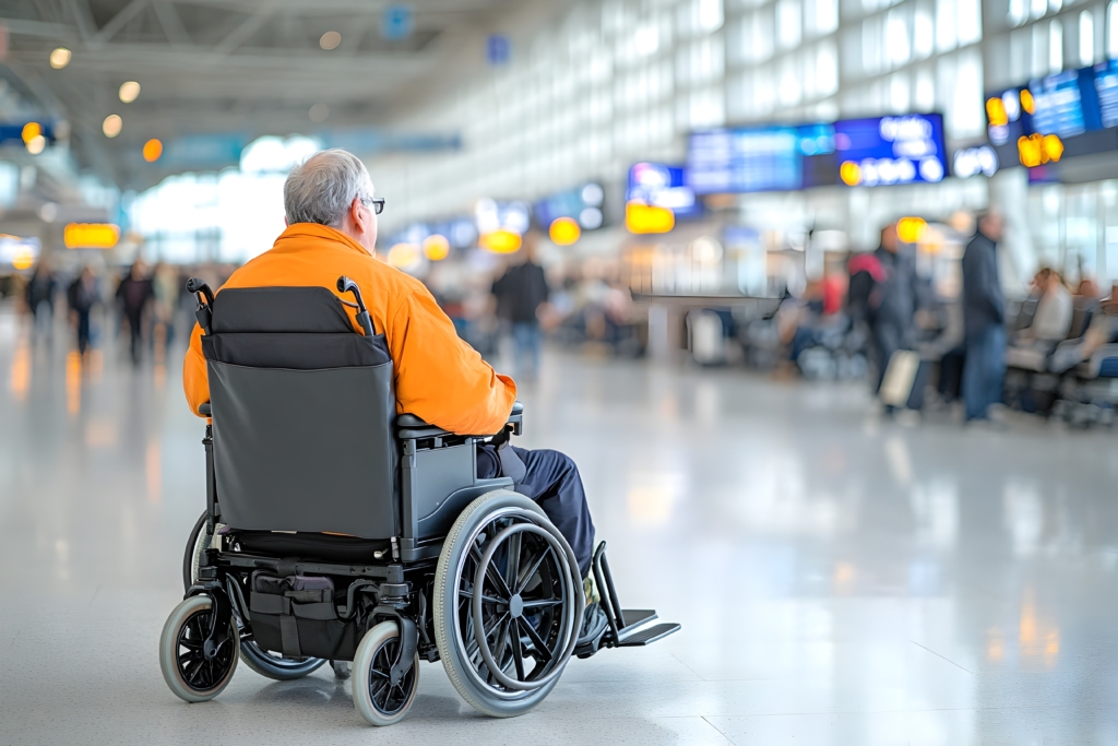 Elderly travelers gracefully maneuvering through congested crowds in an international airport terminal navigating the space in motorized wheelchairs with a minimalist
