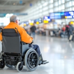 Elderly travelers gracefully maneuvering through congested crowds in an international airport terminal navigating the space in motorized wheelchairs with a minimalist