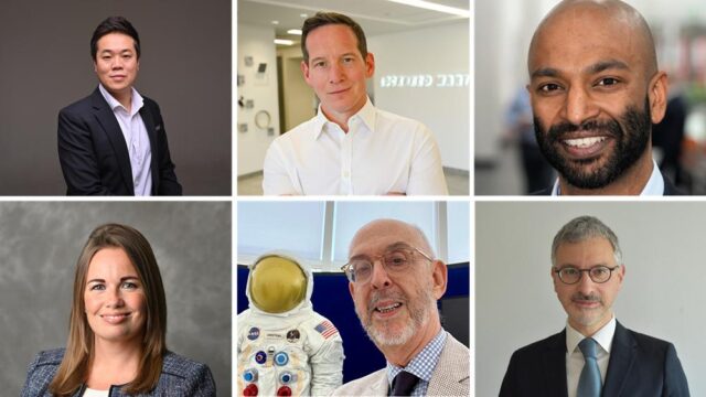 six individual headshots of speakers announced for Farnborough International Space Show. Row 1 L-R: Dr Sunghee Lee, Nik Smith, Jason Gnaneswaran Row 2 L-R: Victoria Cope, Sergio Marchisio, Giovanni Di Antoni