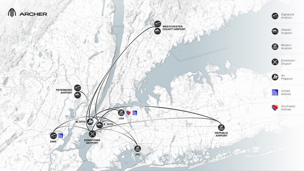 A map showing flight routes connecting various airports in the New York metropolitan area, including LaGuardia, JFK, Newark, Teterboro, Westchester County, and Republic airports, with different aviation service providers indicated by colored icons and connecting flight paths drawn between locations.