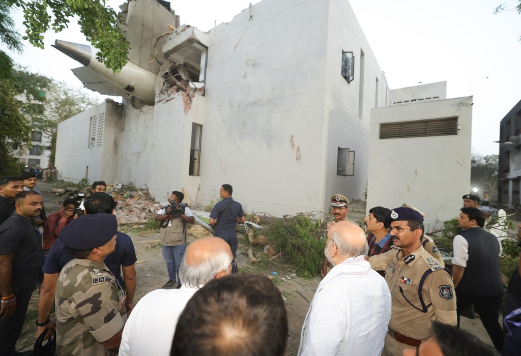 The Union Minister for Home Affairs and Cooperation, Shri Amit Shah visits crash site of the Air India aircraft that met with an accident also met the injured survivors of the accident at the hospital at Ahmedabad, in Gujarat on June 12, 2025.