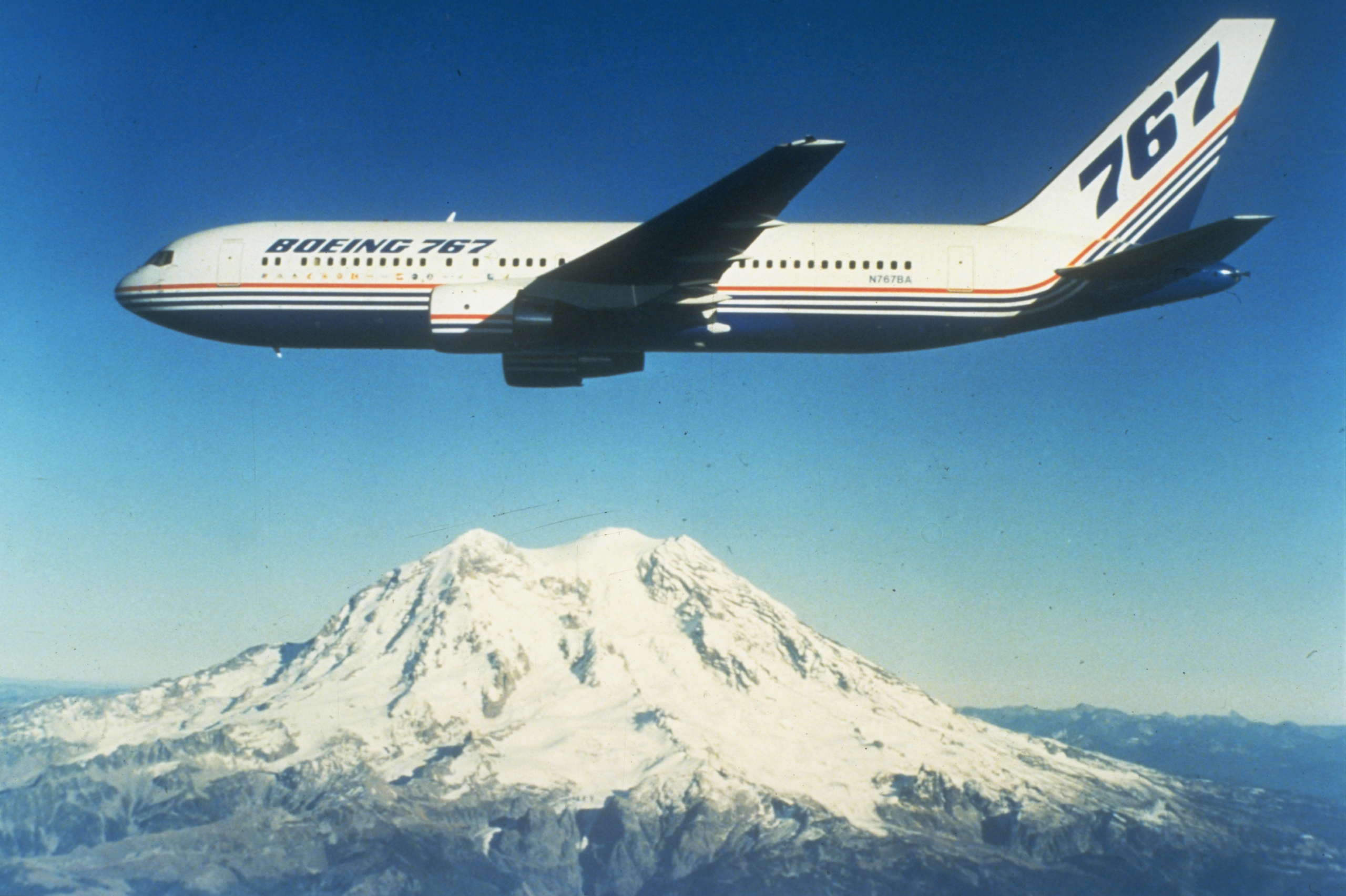 Boeing 767 flying over Mt. Rainier