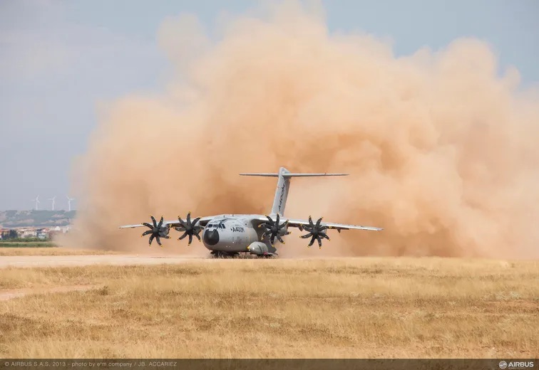 Airbus A400M landing on an unpaved runway