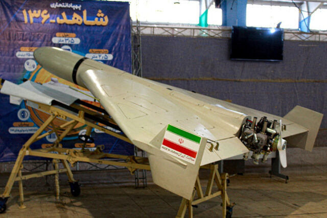 Iranian one-way attack drones, such as the Shahed-136 pictured, pose a critical threat to international commercial shipping operations in the Strait of Hormuz. The A-10C could be used to counter these threats using AIM-9M Sidewinder short-range air-to-air missiles. Image: Wikimedia Commons