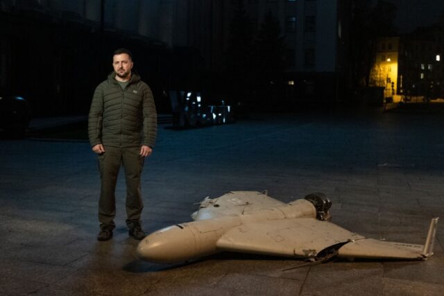 Ukraine president with downed Shahed drone