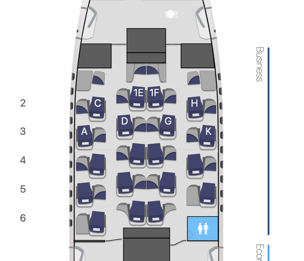 Malaysia Airlines 2-in 2-out business class cabin layout