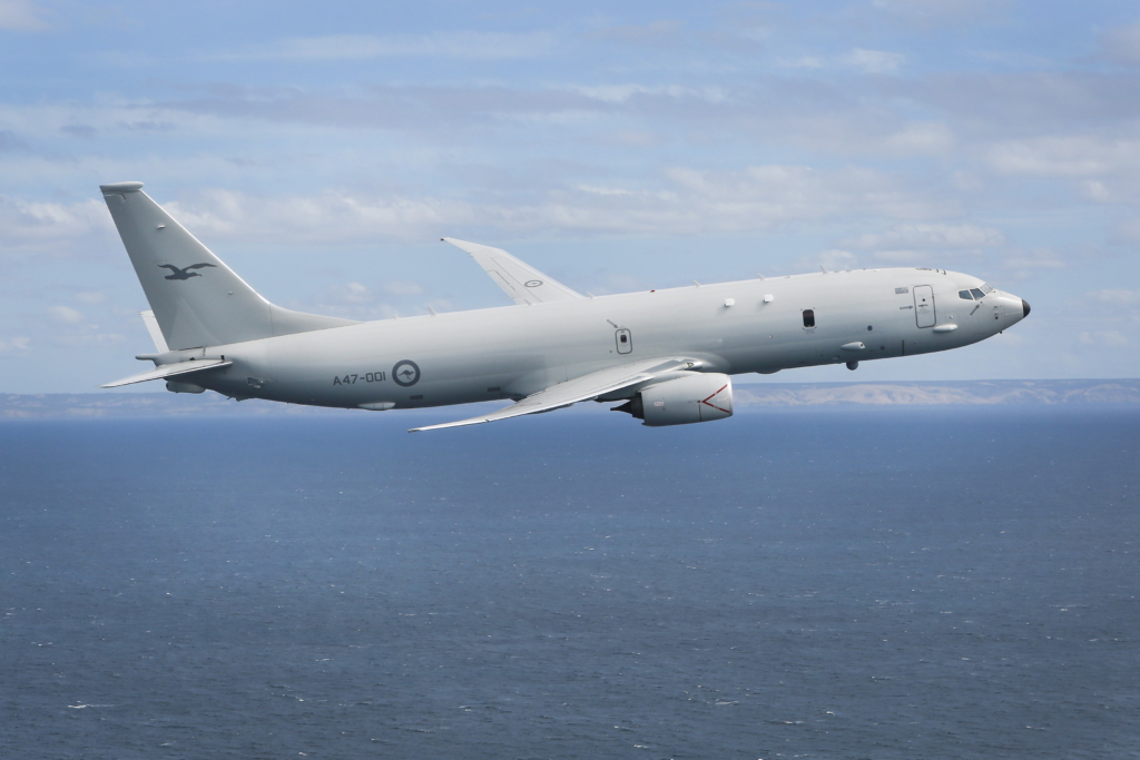 An RAAF P-8A flies over Gulf St Vincent off the coast of Adelaide during sea trials on February 1, 2017