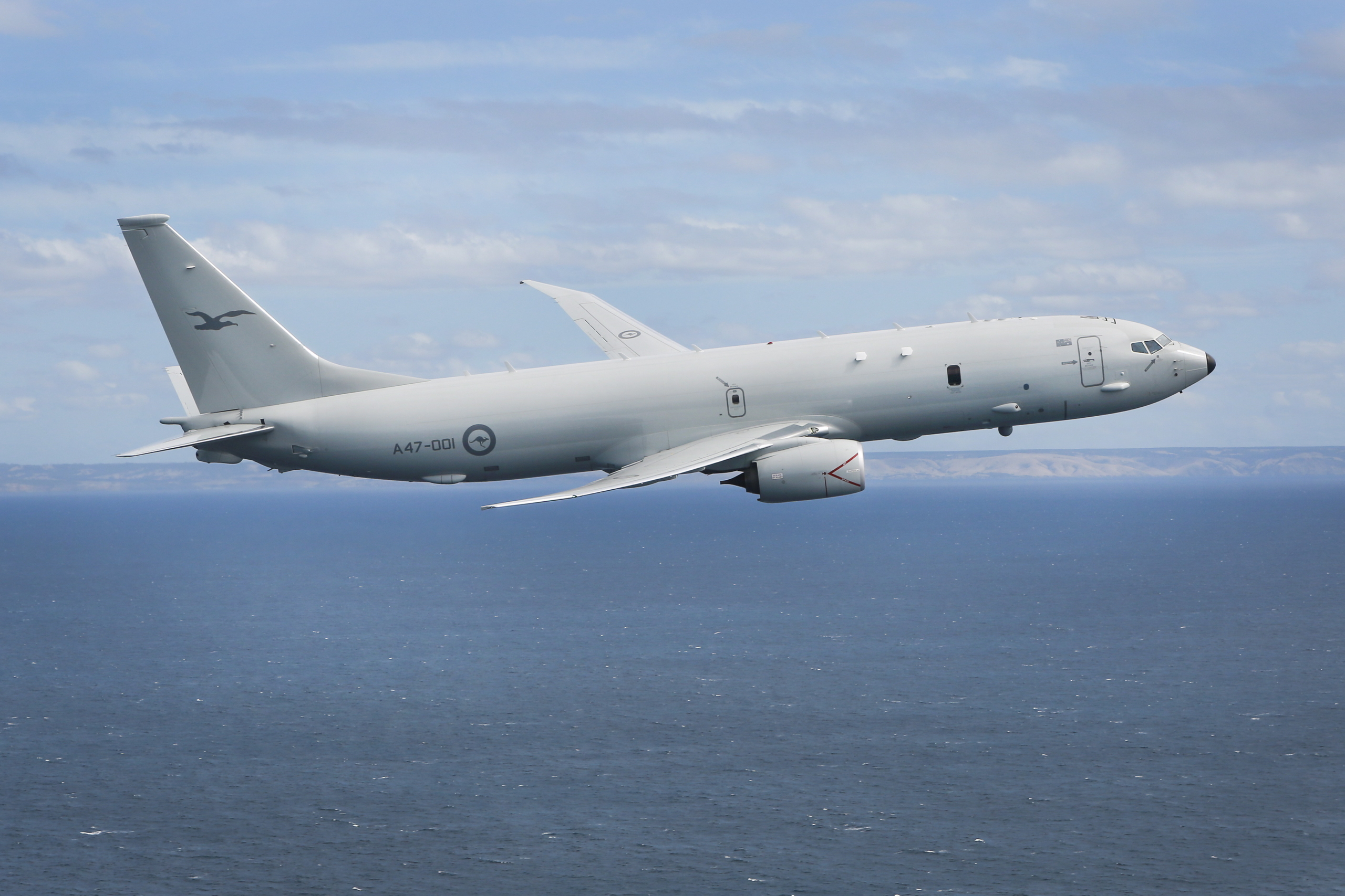 An RAAF P-8A flies over Gulf St Vincent off the coast of Adelaide during sea trials on February 1, 2017