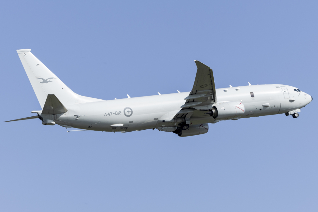 An RAAF-operated P-8A departs Kadena Air Base in Japan for a mission during Operation Argos 25-1 on October 10, 2025