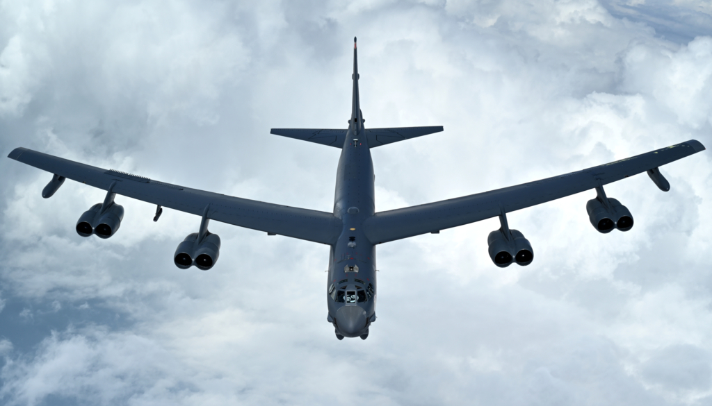 A USAF B-52H from the 69th Expeditionary Bomb Squadron flies over the US CENTCOM area of responsibility during a Bomber Task Force mission on February 20, 2025