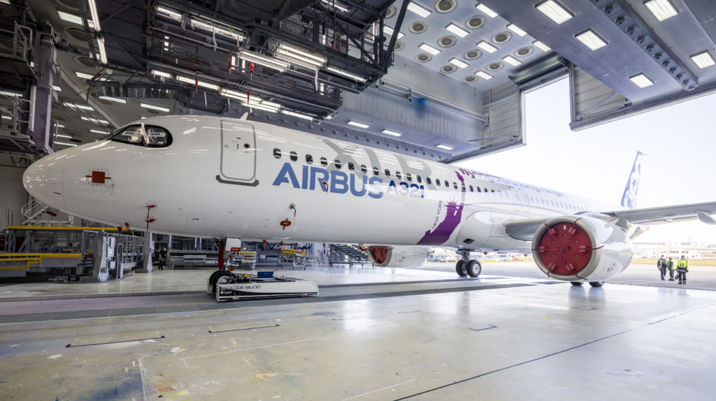 An Airbus A321XLR in a hangar.