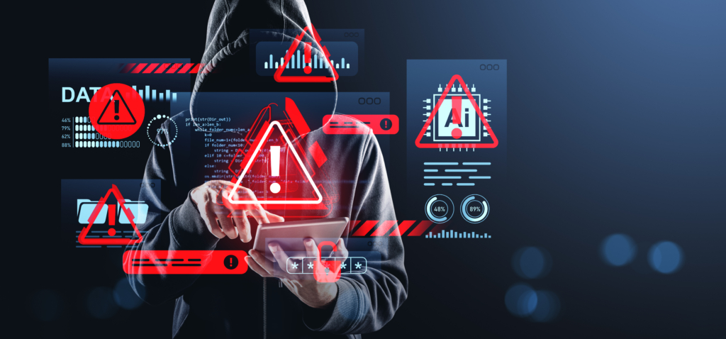 Person in hoodie using tablet with digital warning signs and data breach alerts, futuristic style on dark gradient background, concept of cyberattack