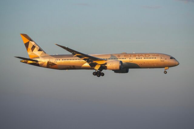 PRAGUE, Czech Republic - August 10, 2025: Etihad Airways Boeing 787-9 Dreamliner REG:A6-BLT at Vaclav Havel Airport Prague.Etihad Airways is one of the national airlines of the United Arab Emirates.