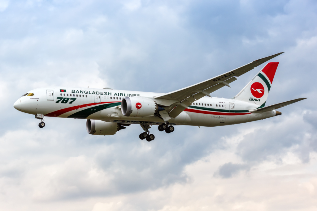 London, United Kingdom - July 10, 2019: Bangladesh Airlines Boeing 787-8 Dreamliner airplane London Heathrow airport (LHR) in the United Kingdom.