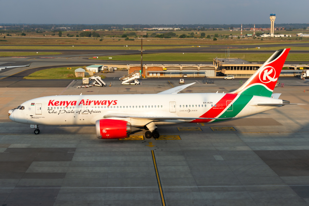Kenya Airways Boeing 787 taxiing at O R Tambo International Airport in Johannesburg. Aircraft registered as 5Y-KZA. Kenyan airline.