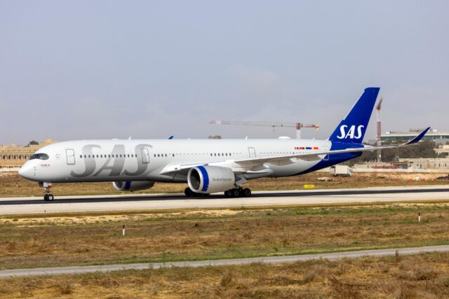 Luqa, Malta - May 15, 2024: Scandinavian Airlines - SAS Airbus A350-941 (Reg.: SE-RSC) arriving for servicing at LTM.