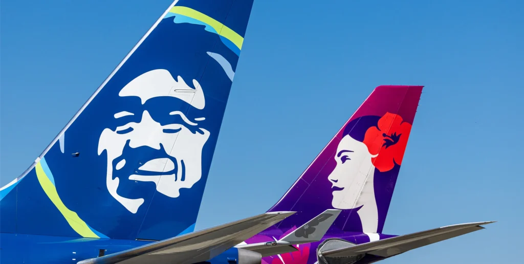 Alaska Airlines and Hawaiian Airlines icons on aircraft tails
