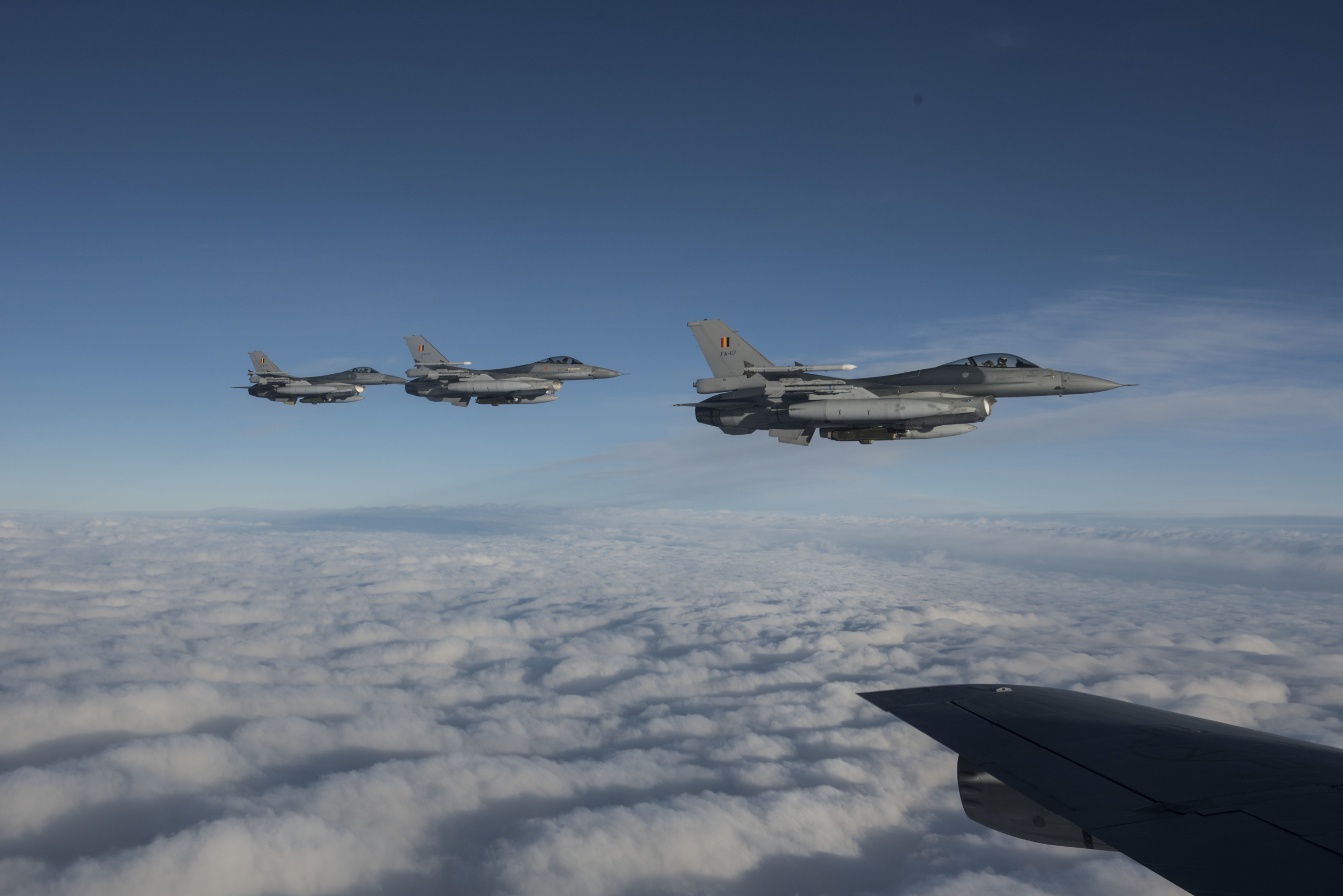 Belgian F-16s fly in formation during Exercise Trident Juncture 18