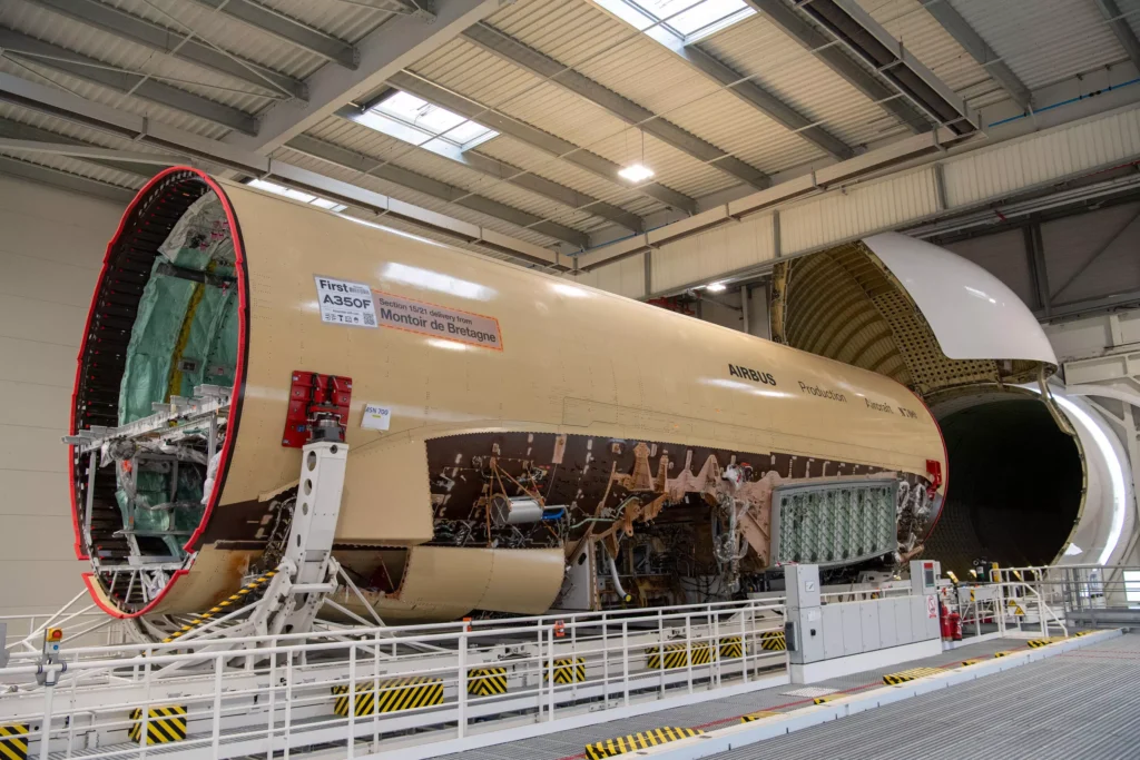 Airbus A350F central fuselage coming out of a Beluga