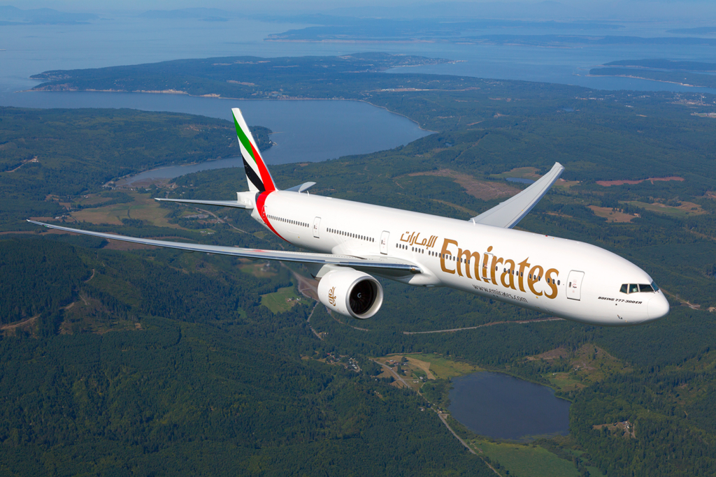 Emirates Boeing 777-300ER in flight. 