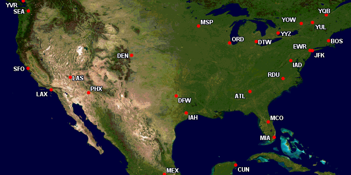 Map of Air France's North America network.