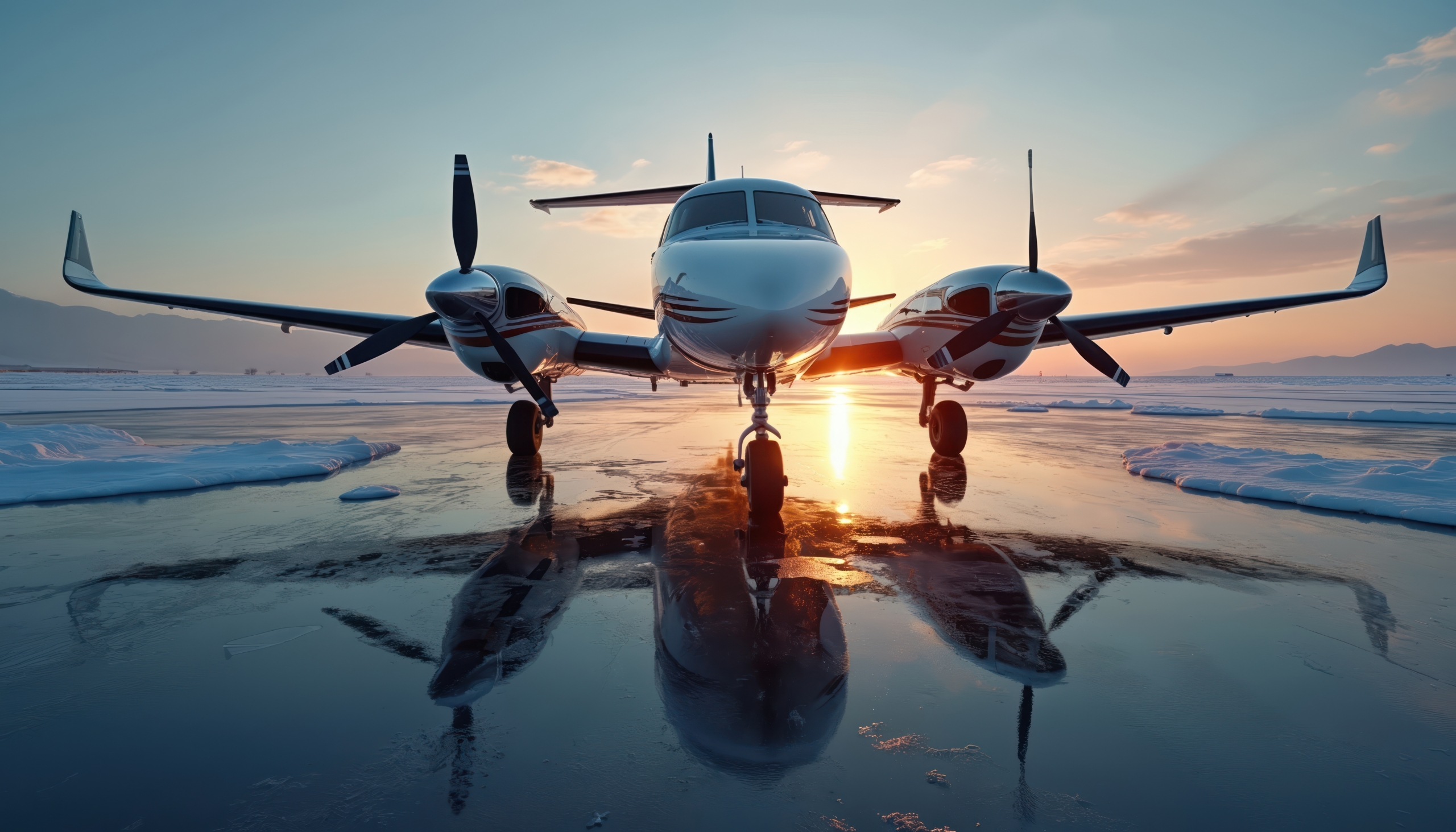 Beechcraft Baron G 58 poised on icy runway, frame reflects cold light. Twin-engine piston aircraft stands ready for flight on freezing winter morning, with snow mountains behind. Private aviation.