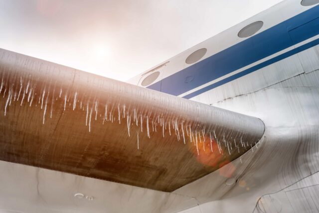 icing aircraft wing. Icicles hang from the edge of the wing