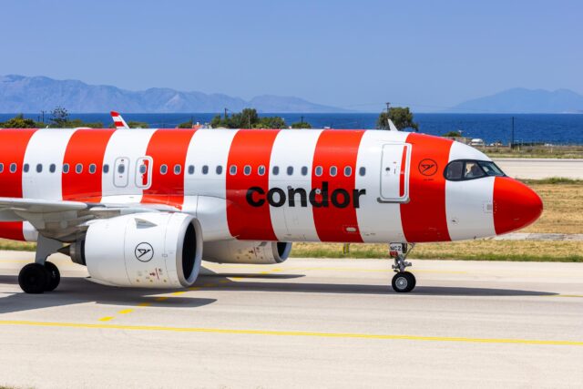 Condor Airbus A320neo airplane at Rhodes airport in Greece.