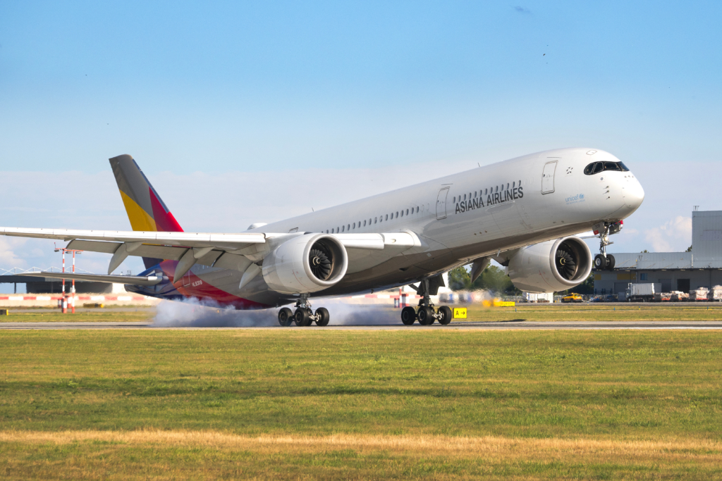 Czech Republic - August 31, 2025: Asiana Airlines Airbus A350-941 REG:HL8308 is landing at Václav Havel Airport Prague. Asiana Airlines is a South Korean airline headquartered in Seoul.