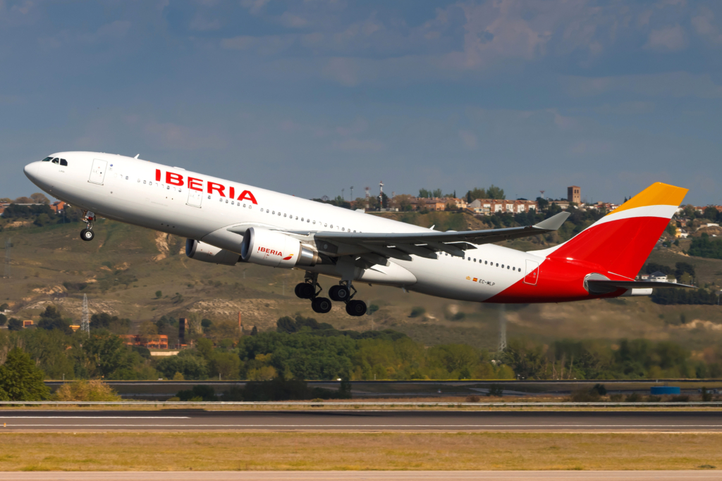 Iberia Airbus A330 airplane at Madrid airport (MAD) in Spain. Airbus is an aircraft manufacturer from Toulouse, France.