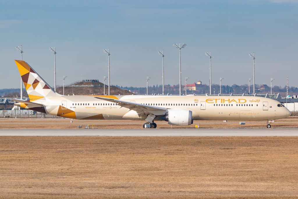 Munich, Germany - February 15, 2020: Etihad Airways Boeing 787 airplane at Munich airport (MUC) in Germany. Boeing is an aircraft manufacturer based in Seattle, Washington.