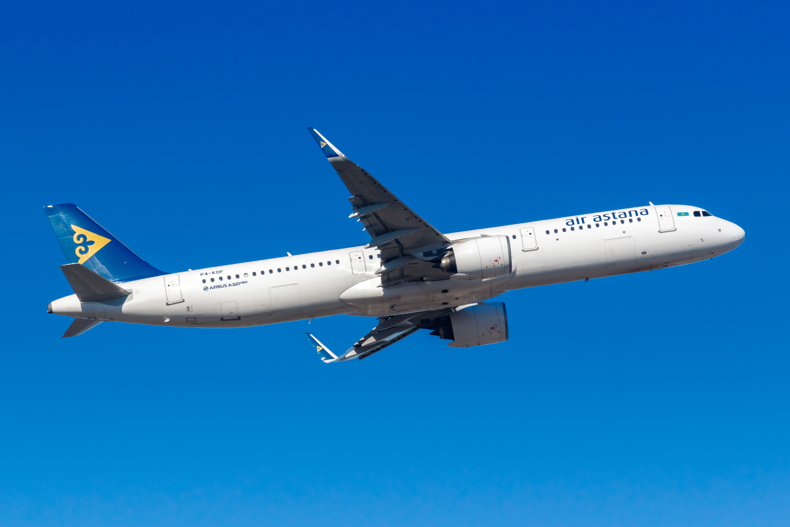 Frankfurt, Germany - February 13, 2021: Air Astana Airbus A321neo airplane at Frankfurt Airport (FRA) in Germany. Airbus is a European aircraft manufacturer based in Toulouse, France.