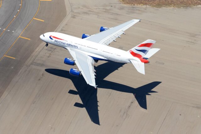 British Airways Airbus A380 airplane on final approach to LAX airport. Aerial view of A380-800 aircraft registered as G-XLEC.